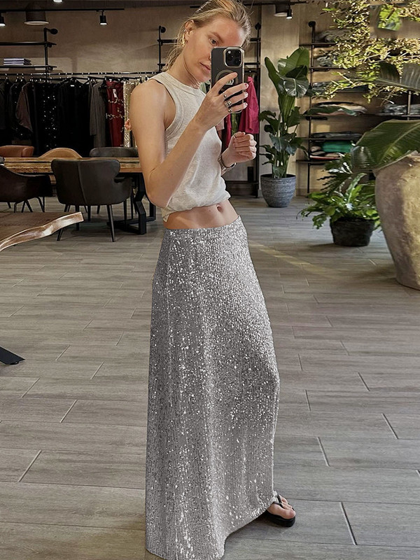 Trombita szoknya női őszi tél új tömör flitterekkel, magas derekú karcsú elegáns koreai alkalmi divat fényes szoknya Y2k parti szoknya