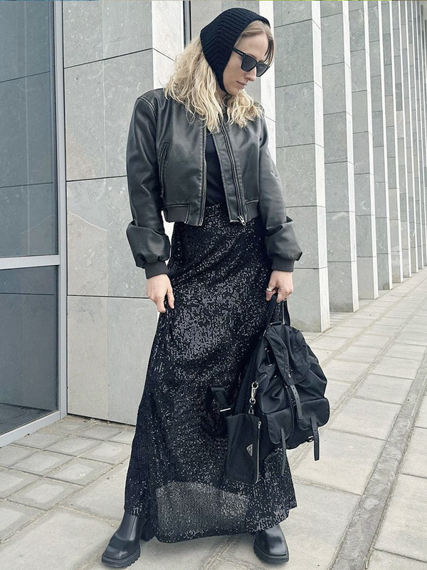 Trombita szoknya női őszi tél új tömör flitterekkel, magas derekú karcsú elegáns koreai alkalmi divat fényes szoknya Y2k parti szoknya