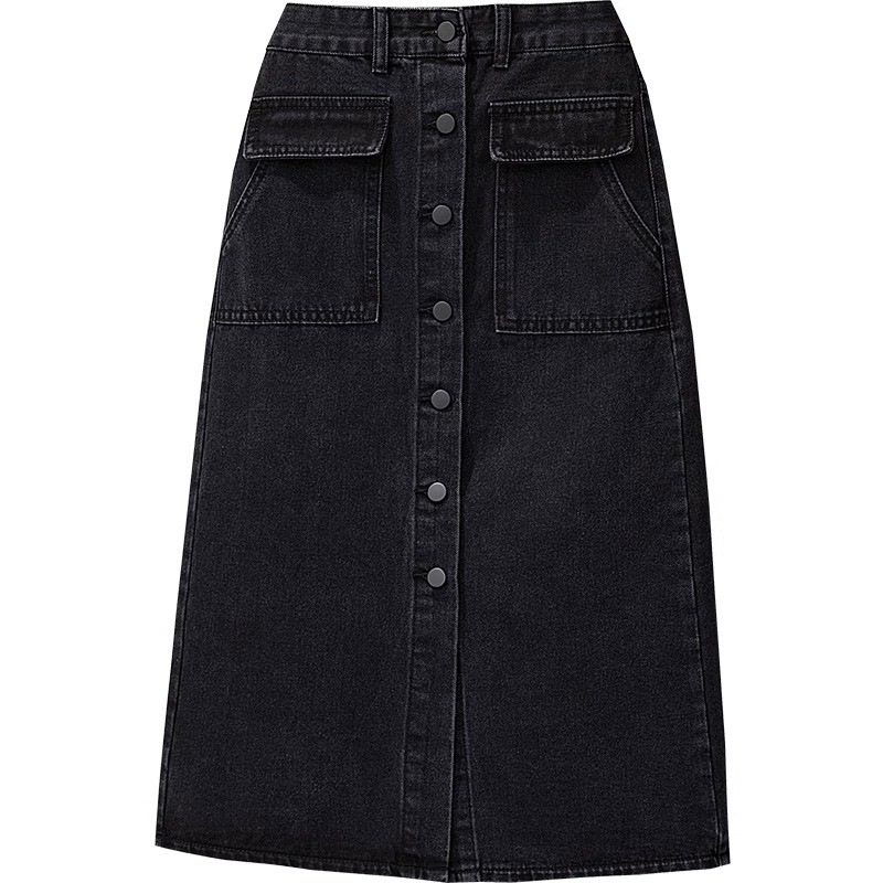 Túlméretezett női fekete farmer szoknyák őszi új, magas derekú, egysoros, A-vonalú női szoknyák Elegáns hasított Midi Jean szoknyák