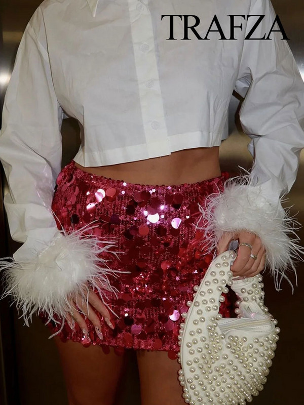 TRAFZA szoknyák nőknek divatos fényes flitteres szoknya női magas derekú szexi miniszoknya oldalsó cipzár Y2k női elegáns masszív szoknya