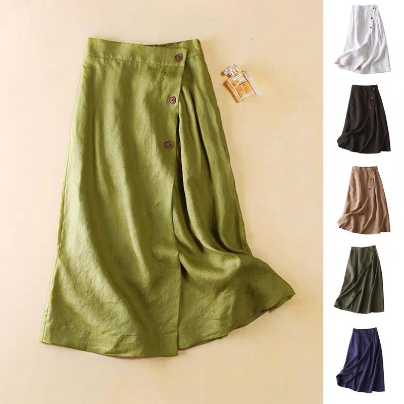 Női Midi szoknya egyszínű, nagy szegélyű, rugalmas derékkal rendelkező, gombos dekorációval ruha Utcai ruházat, magas derekú női nyári szoknya