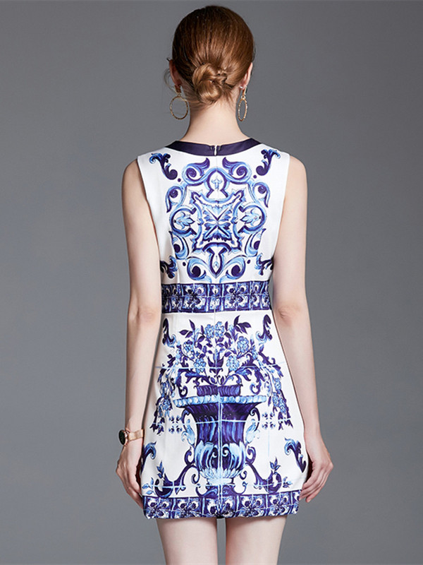 Divat Runway nyári rövid ruha, női ujjatlan, elegáns kék-fehér porcelán virágmintás ünnepi tartály Mini Vestidos