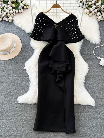 XFPV női édes, csúcskategóriás körömgyöngy, V-nyakú derékbetekerhető fenék ruha Vestidos Y2k koreai divat dagály ősz tél 2023 SM9042