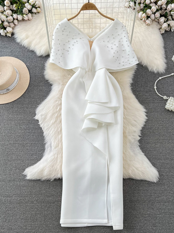 XFPV női édes, csúcskategóriás körömgyöngy, V-nyakú derékbetekerhető fenék ruha Vestidos Y2k koreai divat dagály ősz tél 2023 SM9042