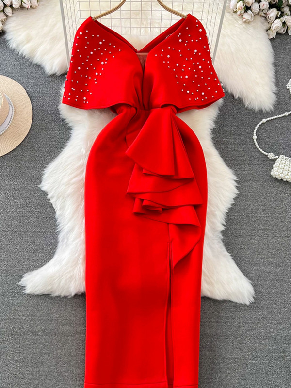 XFPV női édes, csúcskategóriás körömgyöngy, V-nyakú derékbetekerhető fenék ruha Vestidos Y2k koreai divat dagály ősz tél 2023 SM9042