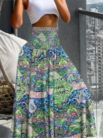 Boho mintás női szoknyák 2024 nyári alkalmi rugalmas, magas derekú A-vonalú nagy lengő hosszú ruha nyaraláshoz strandparti szoknya köntös