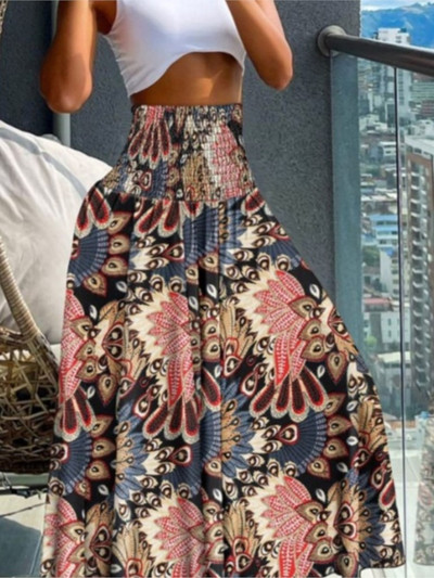 Boho mintás női szoknyák 2024 nyári alkalmi rugalmas, magas derekú A-vonalú nagy lengő hosszú ruha nyaraláshoz strandparti szoknya köntös