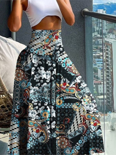 Boho mintás női szoknyák 2024 nyári alkalmi rugalmas, magas derekú A-vonalú nagy lengő hosszú ruha nyaraláshoz strandparti szoknya köntös