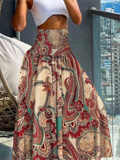 Boho mintás női szoknyák 2024 nyári alkalmi rugalmas, magas derekú A-vonalú nagy lengő hosszú ruha nyaraláshoz strandparti szoknya köntös