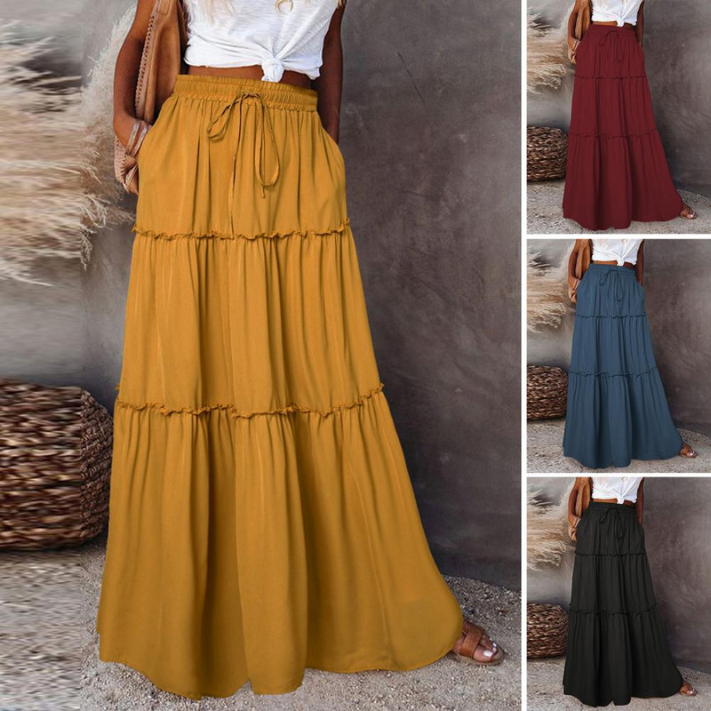 Divat, magas derekú, hosszú, tömör A-vonalú szoknya női alkalmi strand Faldas női boho elasztikus derekú ünnepnapi maxi szoknya