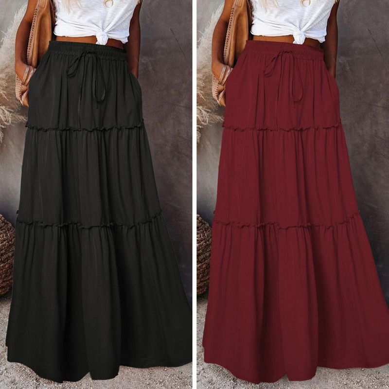 Divat, magas derekú, hosszú, tömör A-vonalú szoknya női alkalmi strand Faldas női boho elasztikus derekú ünnepnapi maxi szoknya