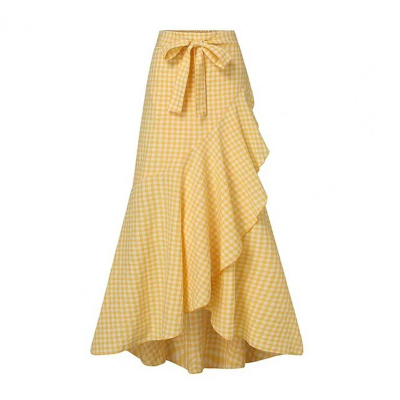 Elegáns női nyári maxi szoknya, magas derekú, fűzős fodros szegély hosszú szoknya kockás nyomtatott csokornyakkendő szabálytalan szegély alkalmi szoknya