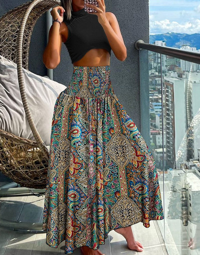 Fusta Maxi cu imprimeu cu talie înaltă, elastică, sexy, pentru femei, 2024, vară, boho, plajă, lejer, fuste lungi, linie A, pentru femei