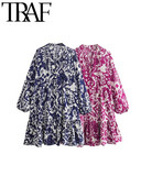 TRAF fodros női nyomott ing köntös ruha alkalmi 2024 nyári csukló ujjú V nyakú bő, rövid női mini ruha Y2K Beach
