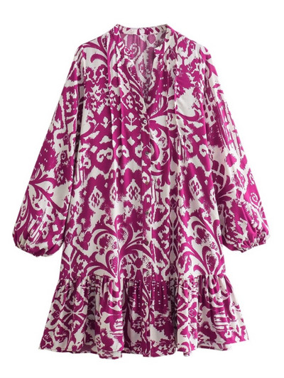 TRAF fodros női nyomott ing köntös ruha alkalmi 2024 nyári csukló ujjú V nyakú bő, rövid női mini ruha Y2K Beach