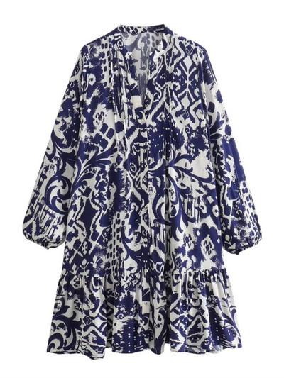 TRAF fodros női nyomott ing köntös ruha alkalmi 2024 nyári csukló ujjú V nyakú bő, rövid női mini ruha Y2K Beach