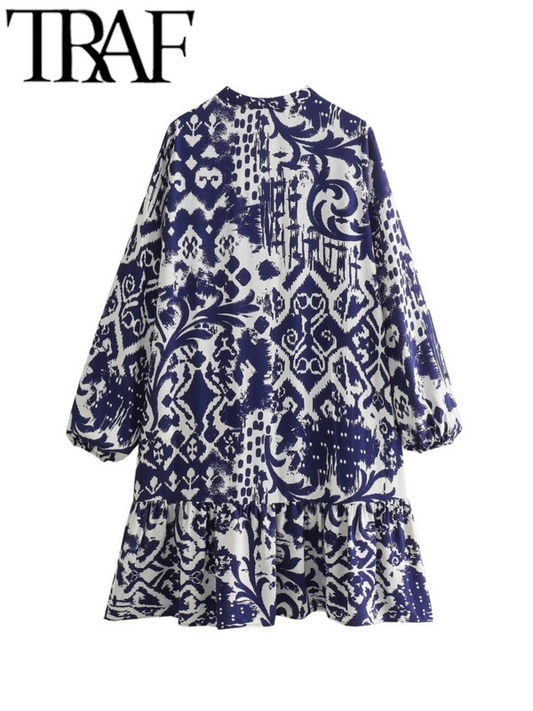 TRAF fodros női nyomott ing köntös ruha alkalmi 2024 nyári csukló ujjú V nyakú bő, rövid női mini ruha Y2K Beach