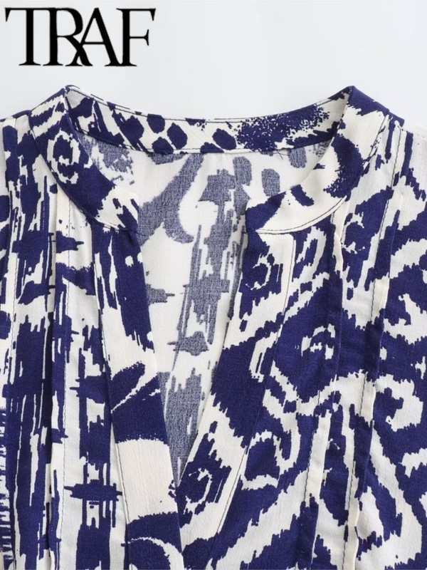 TRAF fodros női nyomott ing köntös ruha alkalmi 2024 nyári csukló ujjú V nyakú bő, rövid női mini ruha Y2K Beach