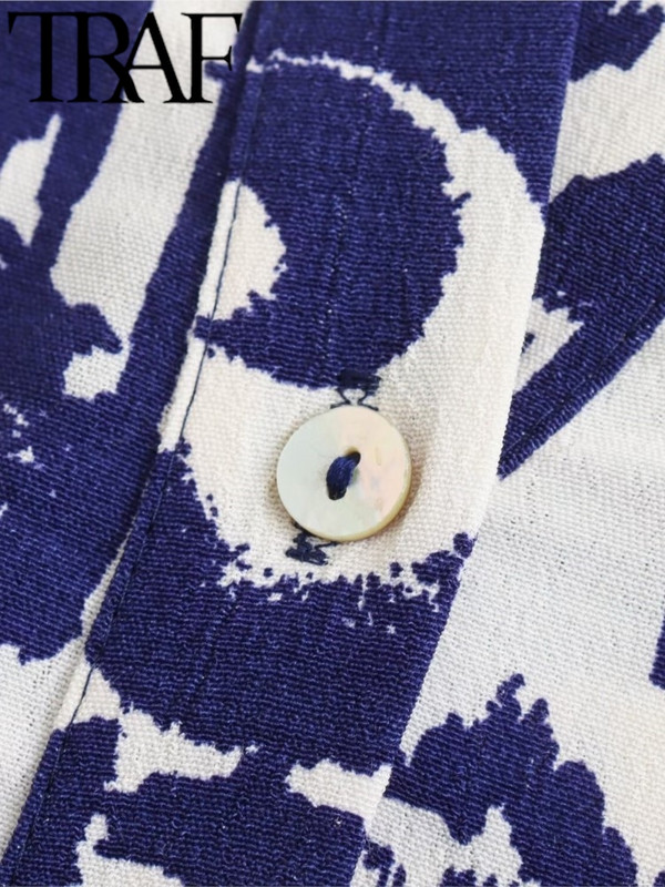 TRAF fodros női nyomott ing köntös ruha alkalmi 2024 nyári csukló ujjú V nyakú bő, rövid női mini ruha Y2K Beach