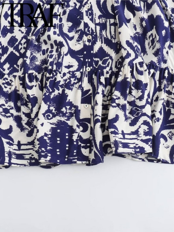 TRAF fodros női nyomott ing köntös ruha alkalmi 2024 nyári csukló ujjú V nyakú bő, rövid női mini ruha Y2K Beach
