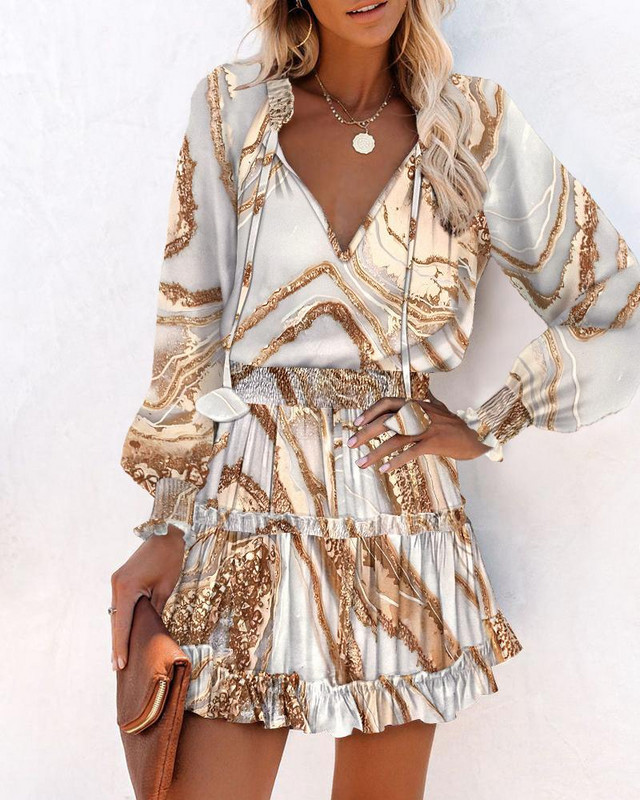 Női ruhák 2023 tavaszi divat, virágmintás, hosszú ujjú, V nyakú, alkalmi lámpás ujjú fodros mini derékruha