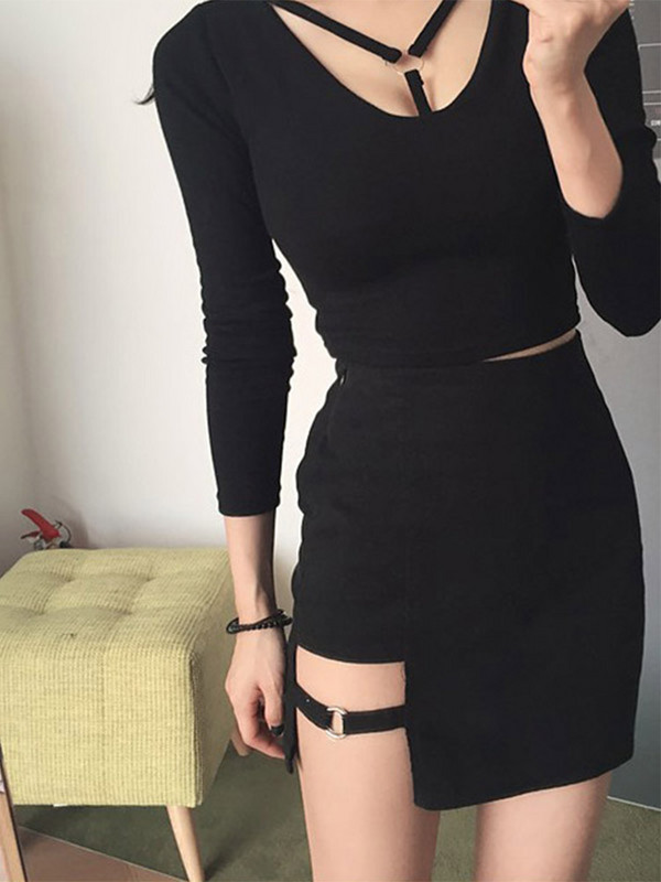 Κορεάτικο στυλ Μαύρες φούστες με ακανόνιστο στρίφωμα Μίνι φούστα με μολύβι Σέξι λεπτές γυναικείες φούστες για πάρτι