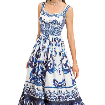 Női Szexi Nyomtatott, nadrágtartós ruha Divatos V-nyakú, hát nélküli, magas derekú, nagy hinta Midi Vestido nyári női elegáns nyaralás köntösök