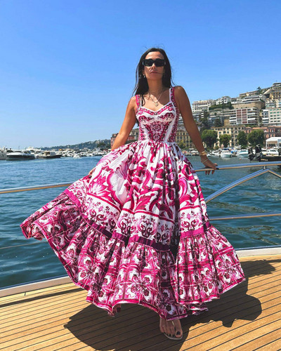 Női Szexi Nyomtatott, nadrágtartós ruha Divatos V-nyakú, hát nélküli, magas derekú, nagy hinta Midi Vestido nyári női elegáns nyaralás köntösök