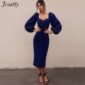 JusaHy Elegant Pure Color Latern Sleeves Bodycon Dress for Women Party Clubwear Официални Midi рокли Mujer Ежедневно Streetwear Hot