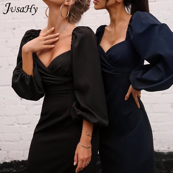 JusaHy Elegant Pure Color Latern Sleeves Bodycon Dress for Women Party Clubwear Официални Midi рокли Mujer Ежедневно Streetwear Hot