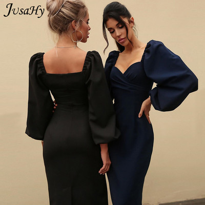 JusaHy Elegant Pure Color Latern Sleeves Bodycon Ruha Női Party Clubwear Formális Midi ruhák Mujer Casual Streetwear Hot