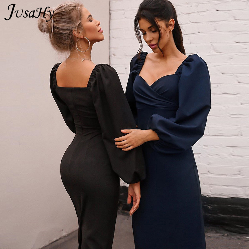 JusaHy Elegant Pure Color Latern Sleeves Bodycon Ruha Női Party Clubwear Formális Midi ruhák Mujer Casual Streetwear Hot