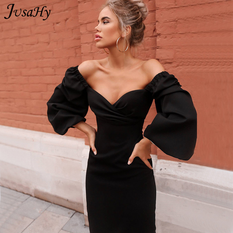 JusaHy Elegant Pure Color Latern Sleeves Bodycon Ruha Női Party Clubwear Formális Midi ruhák Mujer Casual Streetwear Hot