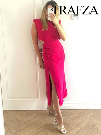TRAFZA Нова разкроена розово червена рокля Дамски летни дълги рокли с рюшове за жени Миди рокли без ръкави Елегантна вечерна рокля