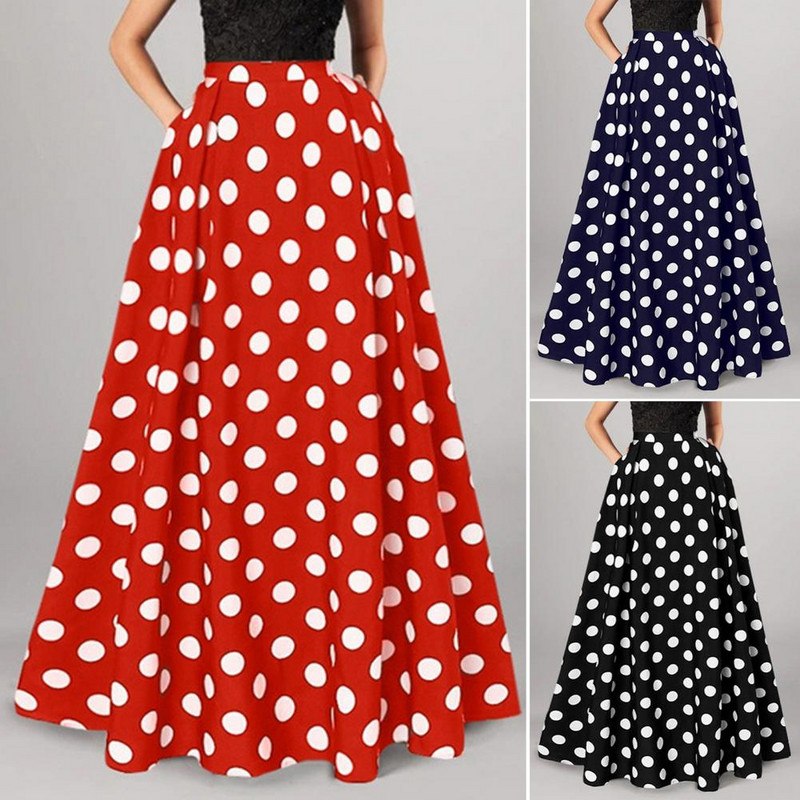 Magas derekú szoknya Elegáns retro A-vonalú maxiszoknya oldalzsebekkel, elasztikus derékrész nőknek, színben illő pontmintás szalagavatóra