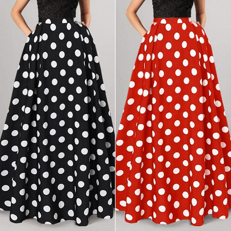 Magas derekú szoknya Elegáns retro A-vonalú maxiszoknya oldalzsebekkel, elasztikus derékrész nőknek, színben illő pontmintás szalagavatóra