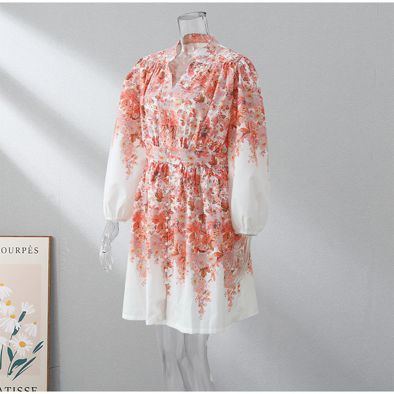 Női, rózsaszín, nyomott, egysoros miniruha Elegáns V-nyakú, bő, hosszú ujjú, redőzött Vestidos Elegáns női ünnepi ruhák