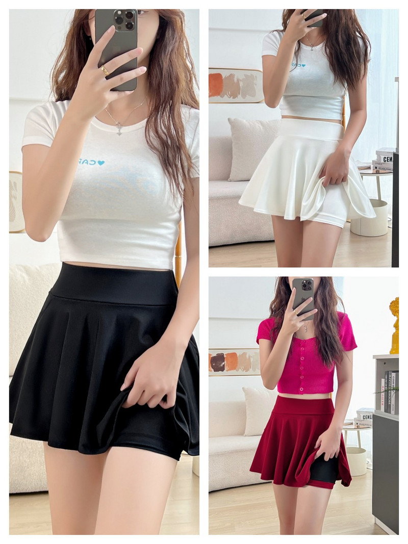 Nyári Női Alapszoknya Funkciós Zsebszoknyák Bélelt rövidnadrágok Női Stílusú Táncos Egyenruha Mini Rugalmas Redős Szoknya Plus Size