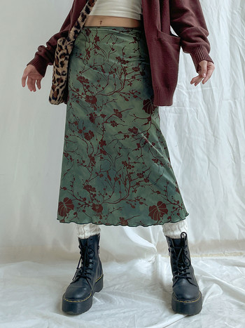 SUCHCUTE y2k Vintage Midi поли с флорални щампи Дамски Harajuku Fairycore Green Straight Maxi Skirt Aesthetic Sweet Girl Clothes