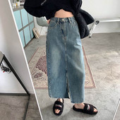 Retro elülső hasított farmerszoknya női 2023 nyár alkalmi mosott, magas derekú hosszú szoknya női All-Match Design utcai midi szoknya