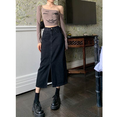Retro elülső hasított farmerszoknya női 2023 nyár alkalmi mosott, magas derekú hosszú szoknya női All-Match Design utcai midi szoknya