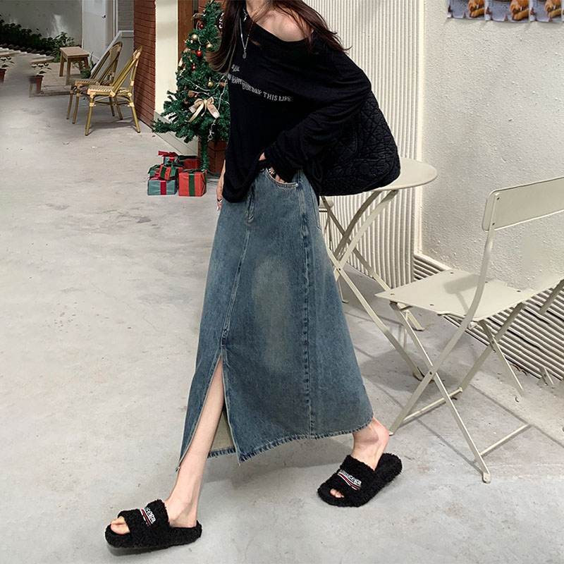 Retro elülső hasított farmerszoknya női 2023 nyár alkalmi mosott, magas derekú hosszú szoknya női All-Match Design utcai midi szoknya