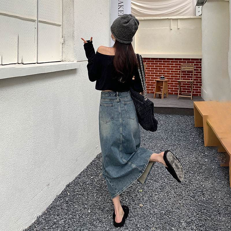 Retro elülső hasított farmerszoknya női 2023 nyár alkalmi mosott, magas derekú hosszú szoknya női All-Match Design utcai midi szoknya
