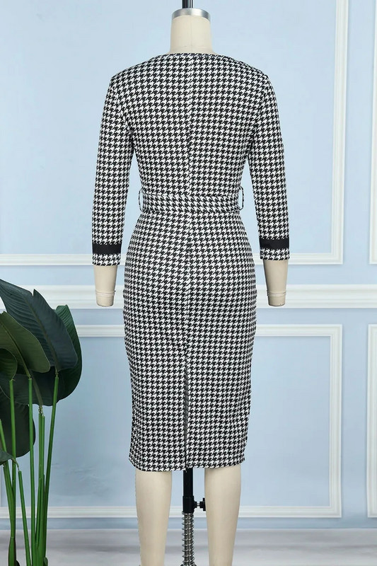 LW Houndstooth hasított Midi Bodycon ruha 3/4 ujjú szegéllyel, osztott derékkötővel mindenhol Nyomtatott edzési viselet elegáns fekete-fehér 1db
