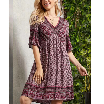 Női Vintage Boho etnikai stílusú Nyomtatott Laza nyaralás Beach Midi ruha Nyári V nyakú, rövid ujjú, magas derekú Elegáns buliruhák