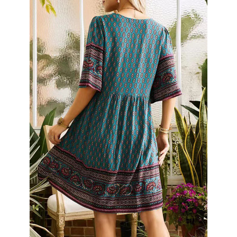 Női Vintage Boho etnikai stílusú Nyomtatott Laza nyaralás Beach Midi ruha Nyári V nyakú, rövid ujjú, magas derekú Elegáns buliruhák