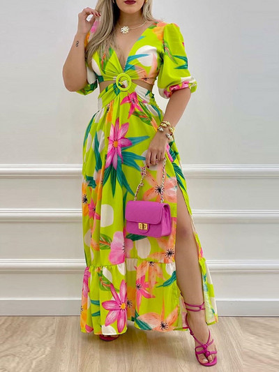 Virágmintás O-gyűrű, csavart kivágás, hasított combú maxi ruha
