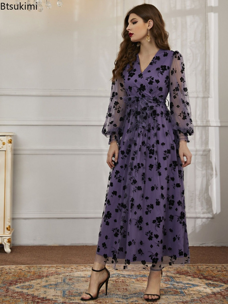 Tavaszi marokkói ruha muzulmán csipke nyomott abaya női elegáns estélyi ruhák Dubai Törökország Kaftan köntös Femme Vestidos