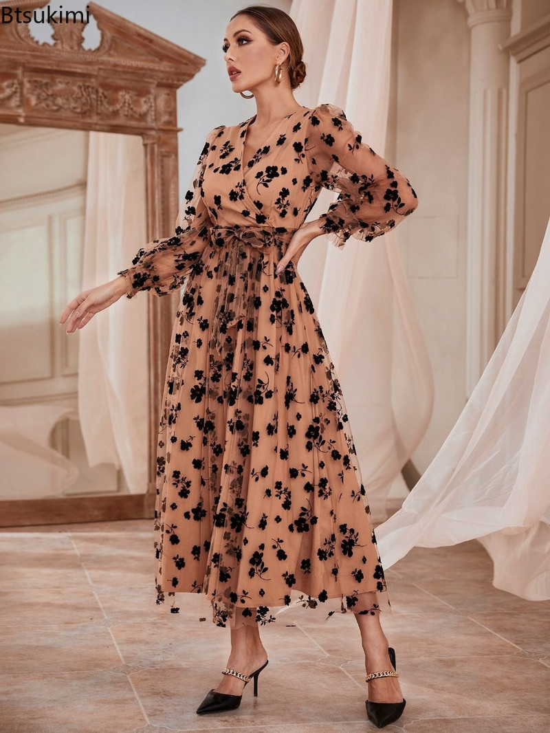 Tavaszi marokkói ruha muzulmán csipke nyomott abaya női elegáns estélyi ruhák Dubai Törökország Kaftan köntös Femme Vestidos