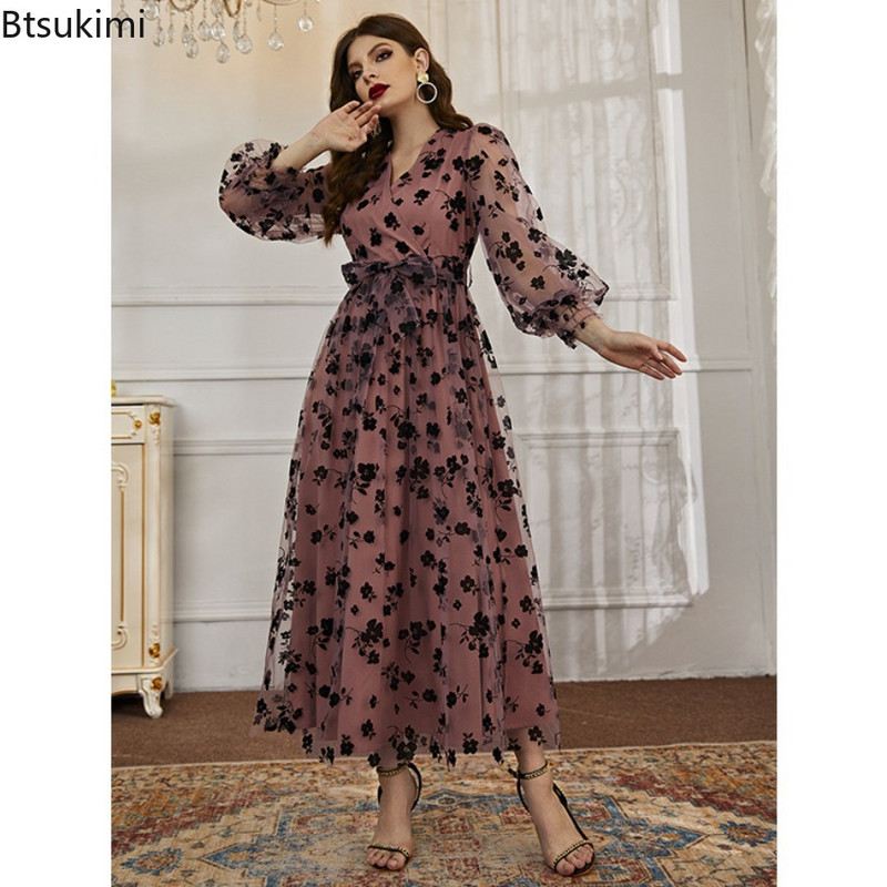 Tavaszi marokkói ruha muzulmán csipke nyomott abaya női elegáns estélyi ruhák Dubai Törökország Kaftan köntös Femme Vestidos